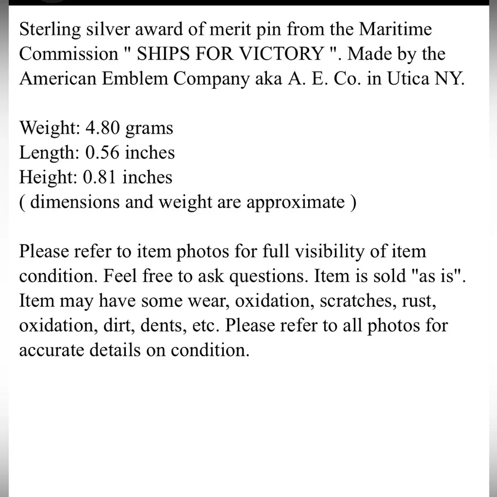 Sterling WWII AWARD OF MERIT MARITIME COMMISSION SHIPS FOR VICTORY Utica NY pin